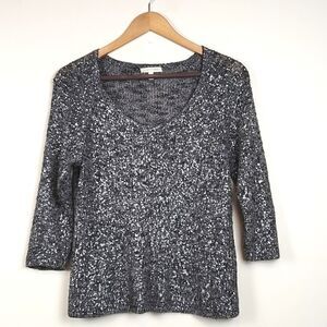 Eileen Fisher 3/4 Length Sleeve V-neck Metallic Silver and Black Top Size S